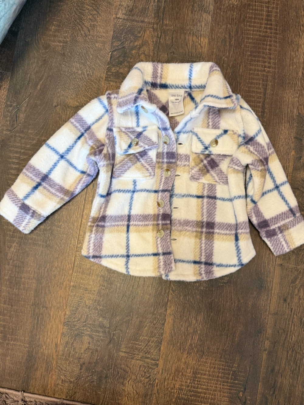 okie dokie Cream Plaid Plush Button-Down Shirt Jacket with Lavender and Blue